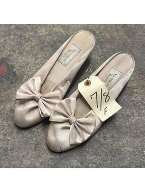 Vintage 80s Victorias Secret Gold Label Satin Slippers Champagne Bow Wedge AS-IS
